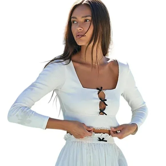 Free People Dancing Queen Crop Top White with Black Bows Ivory Combo - Picture 5 of 6